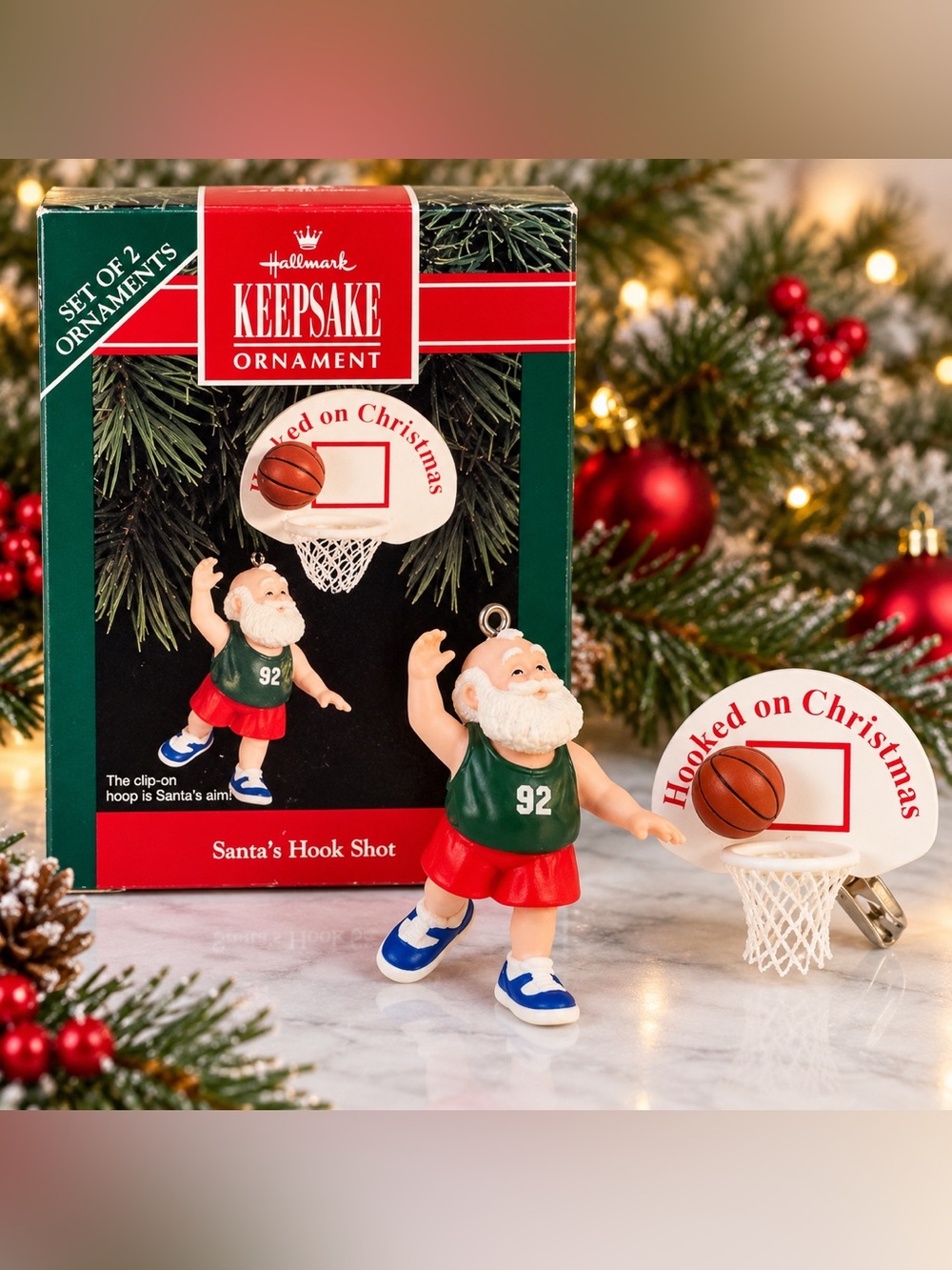 Hallmark Keepsake Santa’s Hook Shot 1992 Basketball Ornament Set of 2 Vintage